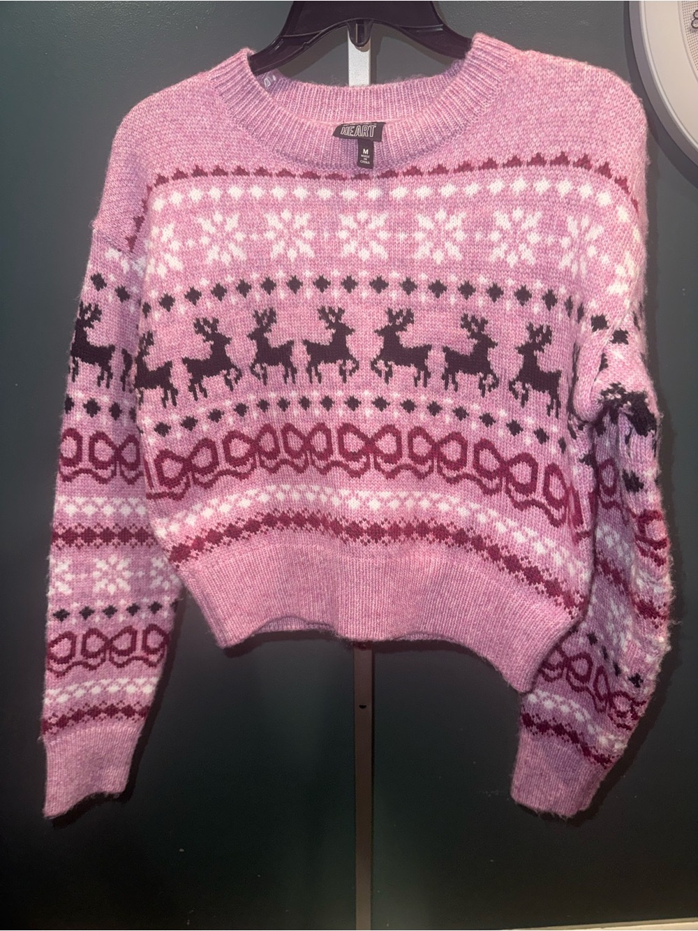 Derek Heart Pink Fair Isle Reindeer Crewneck Sweater